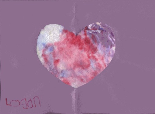 "Logan's Beautiful Heart"  It's purple construction paper with a heart-shaped cut-out.  A dyed coffee filter is glued to the back of the construction paper so that it shows through the heart shape.