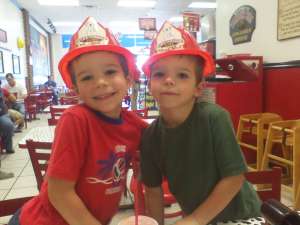 Our twins, Austin and Camden, at a Firehouse Subs in Arkansas in 2010 (on the way home from a trip to Oklahoma).